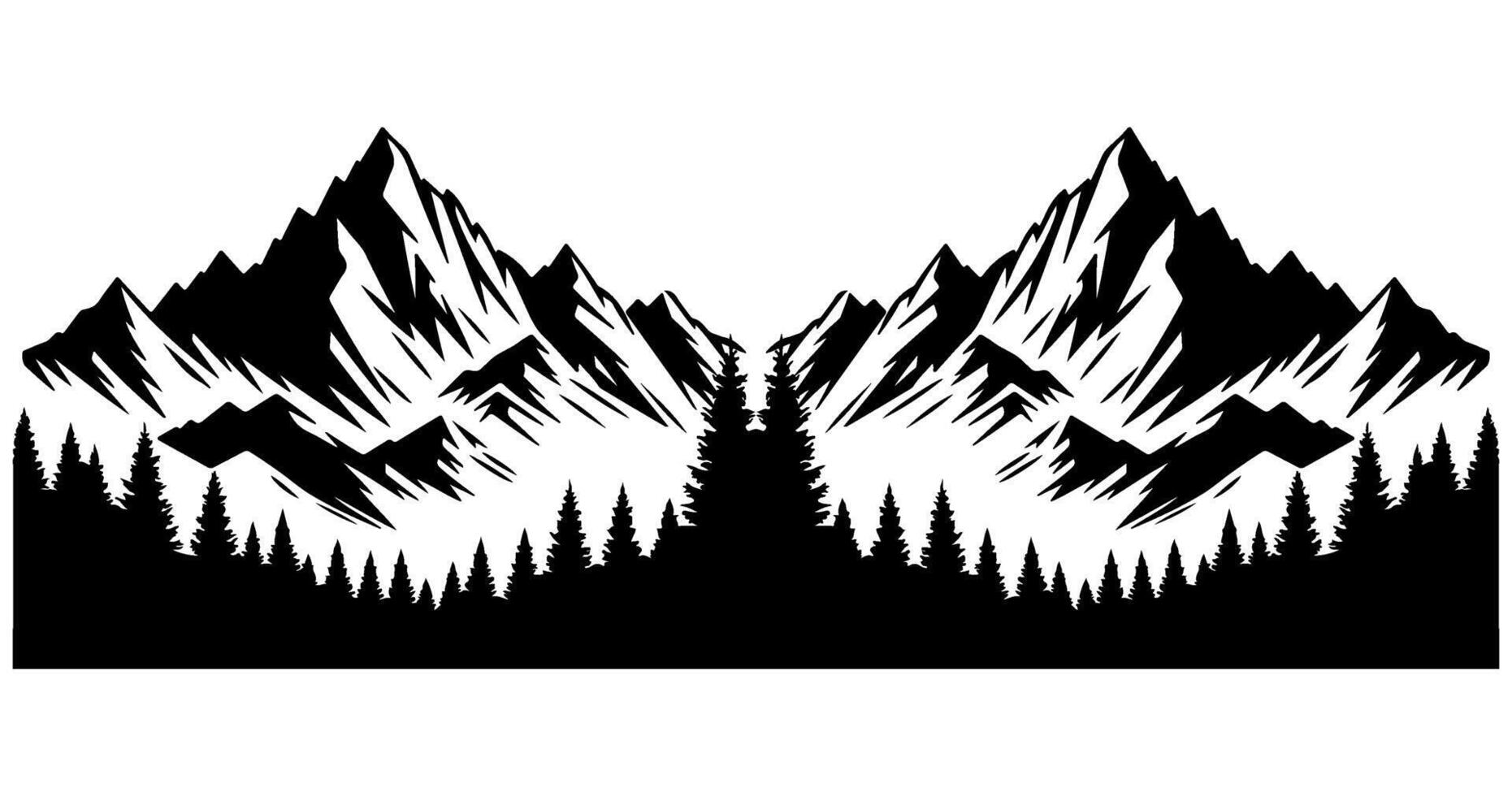 Panorama silhouette mountain with forest pine trees landscape black line Sketch art Hand drawn style vector illustration