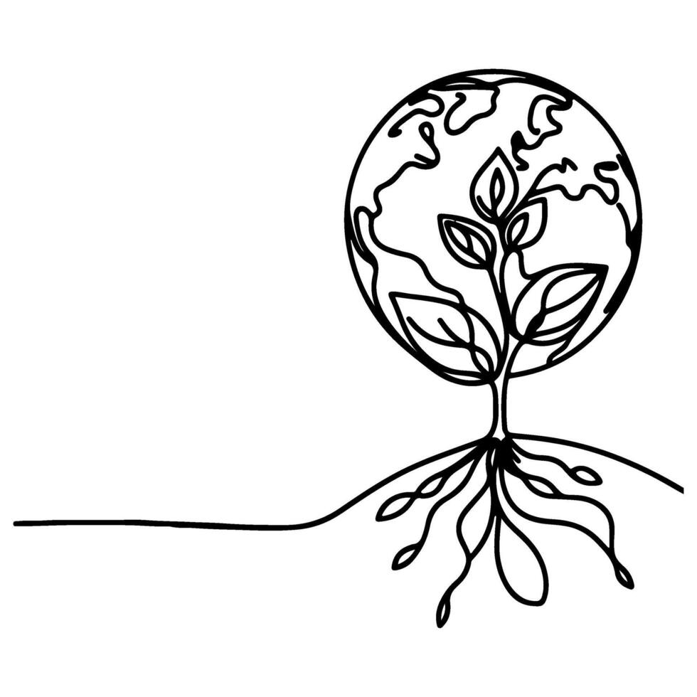 black line art tree growing sprout from planet Earth. continuous one line sketch drawing vector illustration