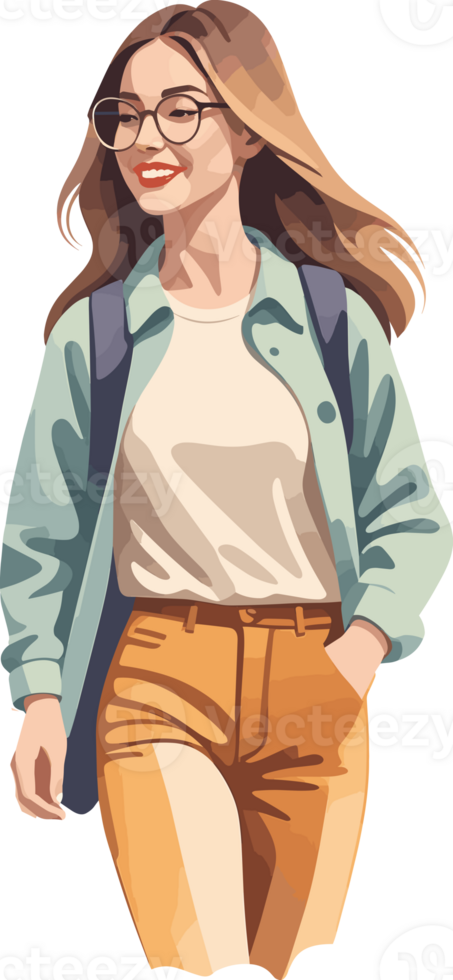 AI generated Portrait of smiling beautiful college girl in jeans, watercolor style illustration isolated on transparent background png, happy moment after class png