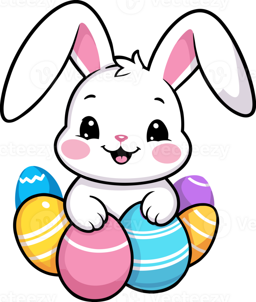 AI generated Long ear bunny with colorful easter eggs cartoon illustration in transparent background png, perfect for Easter, nursery, and kid design elements png