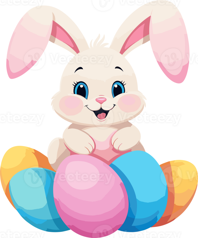 AI generated Bunny sitting with colorful eggs cartoon illustration in transparent background png, perfect for Easter, nursery, and kid design element png