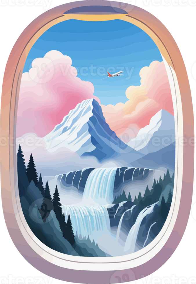 AI generated Window view of plane with beautiful waterfalls and mountain background, watercolor abstract illustration for nature and travel design png