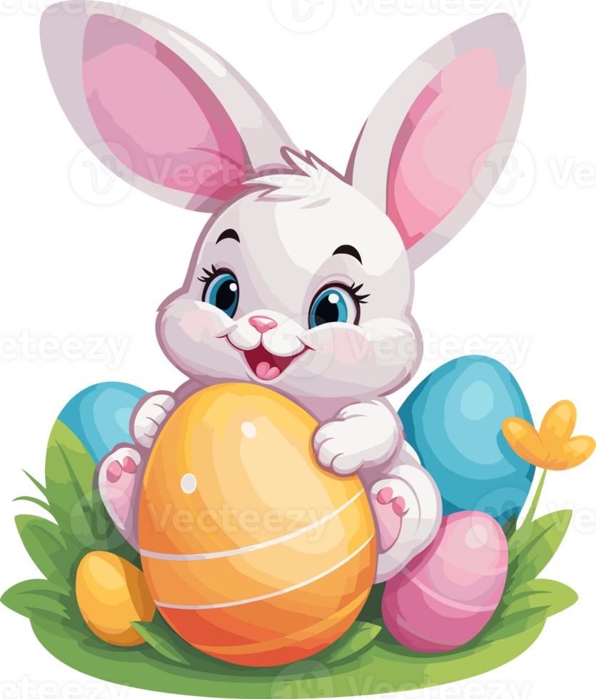 AI generated Cute bunny sitting and hugging colorful easter eggs cartoon illustration in transparent background png, perfect for Easter day, nursery, and kid design element png