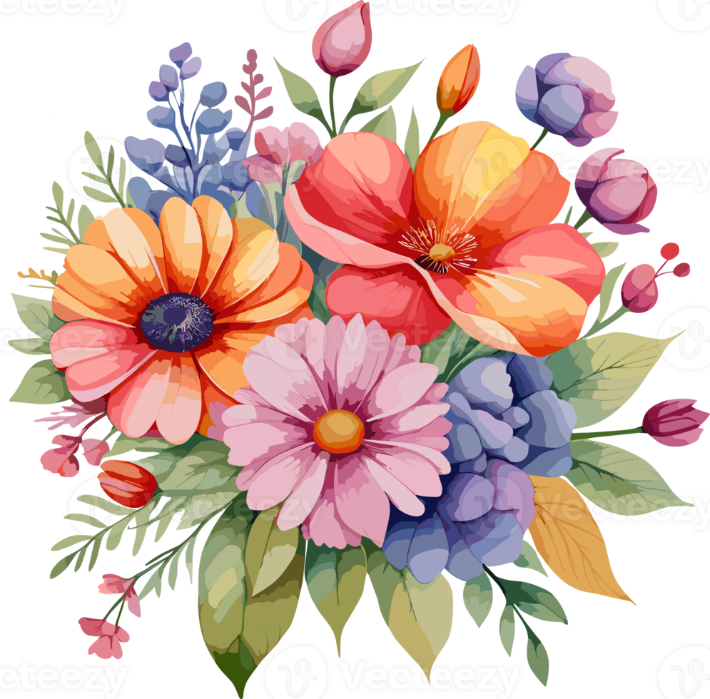 AI generated Watercolor painting of beautiful flower bouquet illustration isolated on transparent background png, perfect design for special event, mother day, greeting and wedding card png