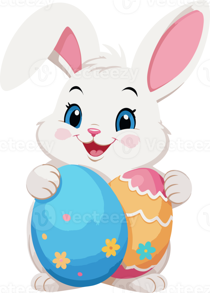 AI generated Bunny hugging colorful easter eggs cartoon illustration in transparent background png, perfect for Easter day, nursery, and kid design element png