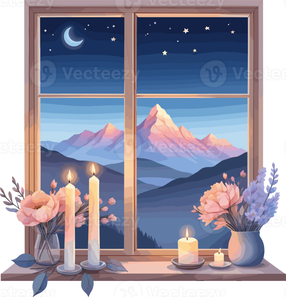 AI generated Tranquil night illustration of glowing candles and flowers at window with stunning mountain landscape and beautiful sky background, watercolor style for nature-inspired relaxation png