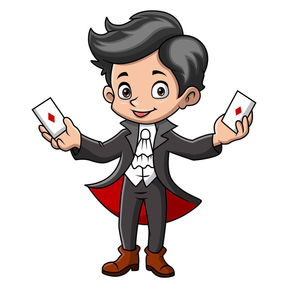 Cute little magician boy cartoon playing a cards vector