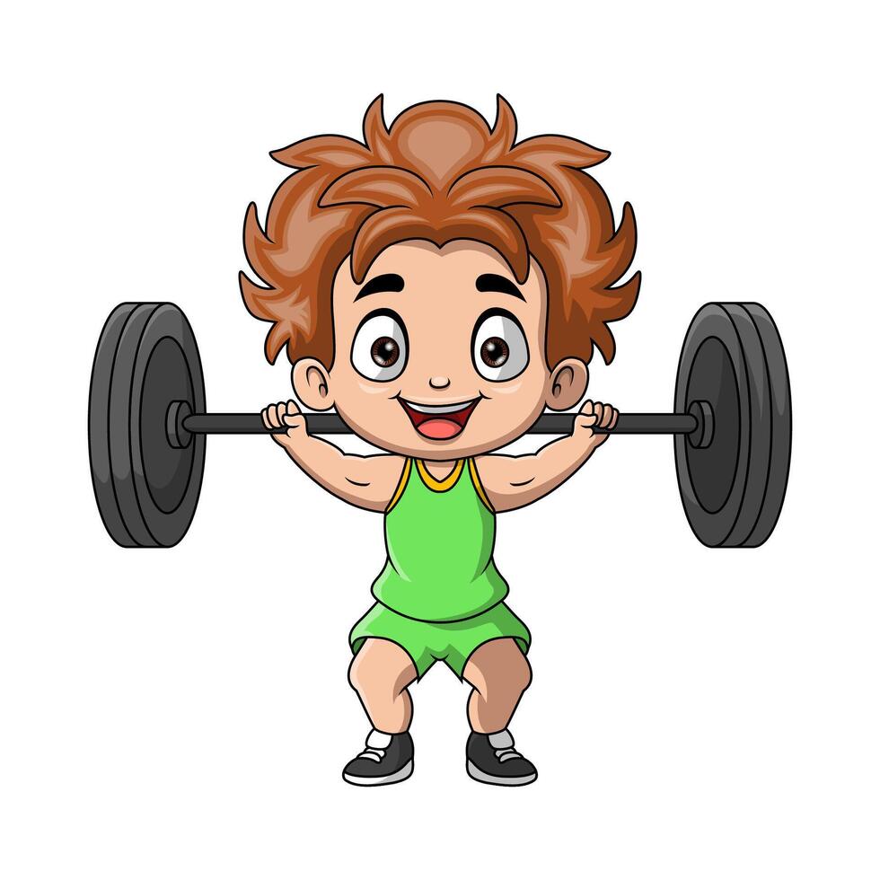 Cute little boy cartoon lifting barbell vector