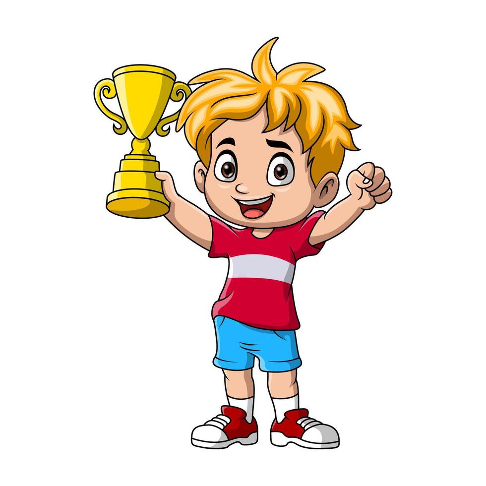 Cute little boy cartoon holding gold trophy vector