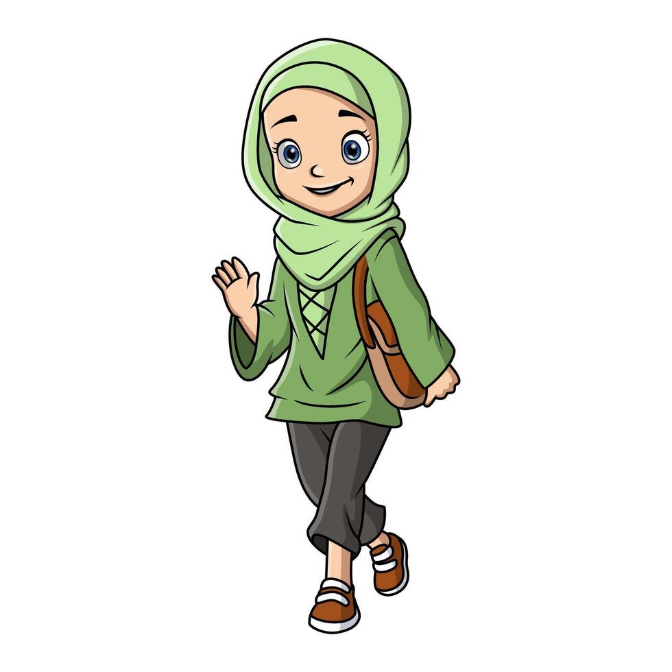 Cute happy muslim girl cartoon vector