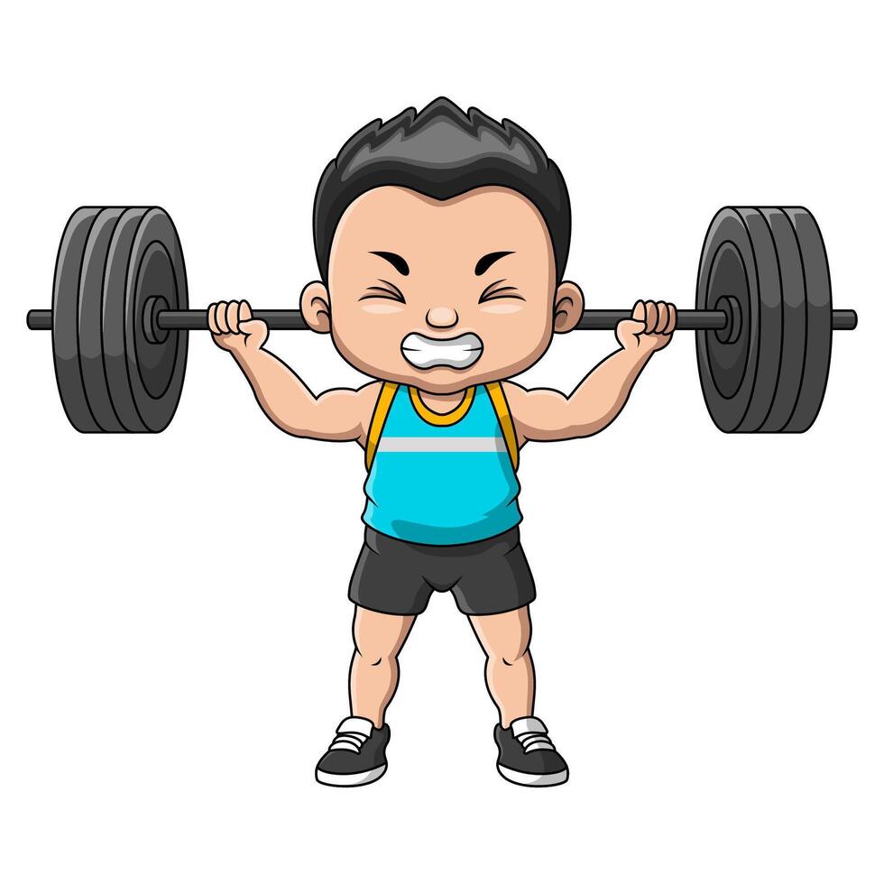 Cute little boy cartoon lifting barbell vector