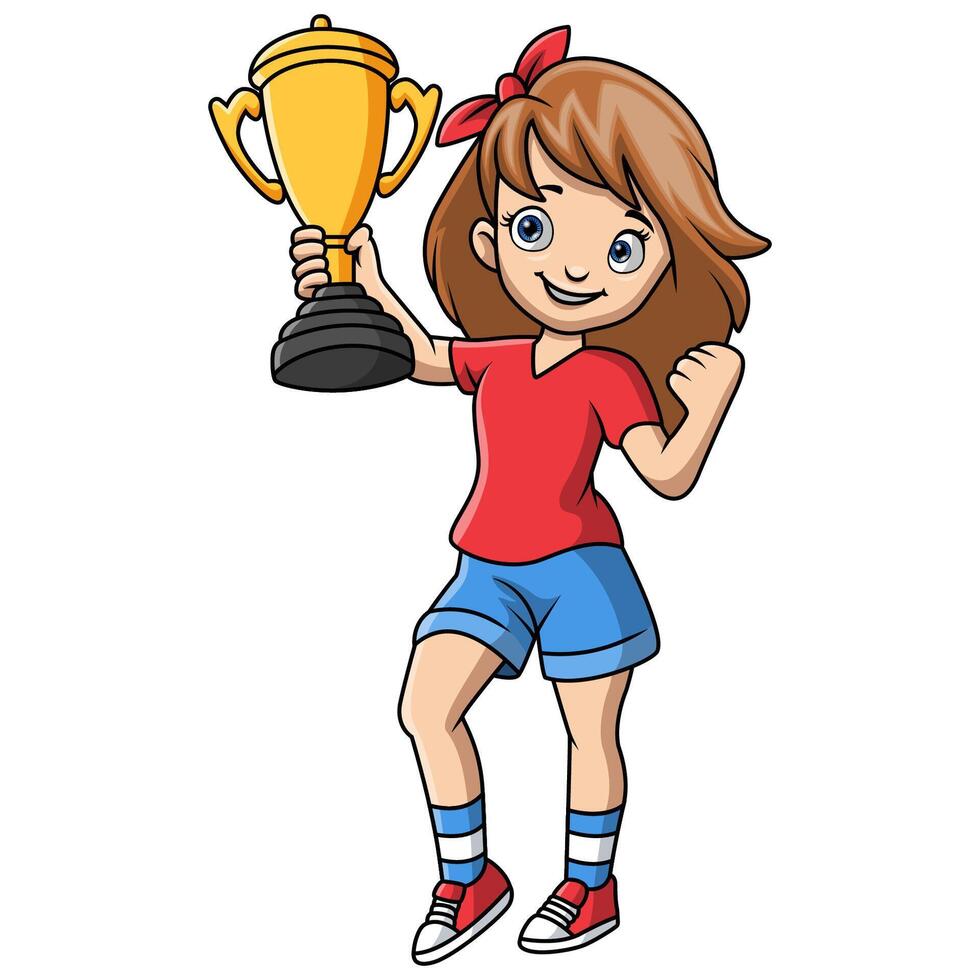 Cute little girl cartoon holding gold trophy vector
