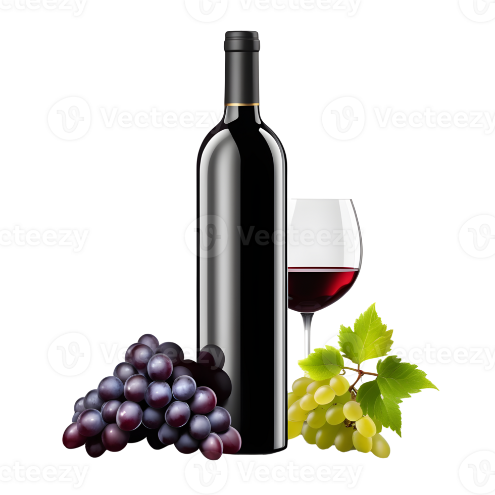 AI generated Red wine bottle with wine grapes isolated png