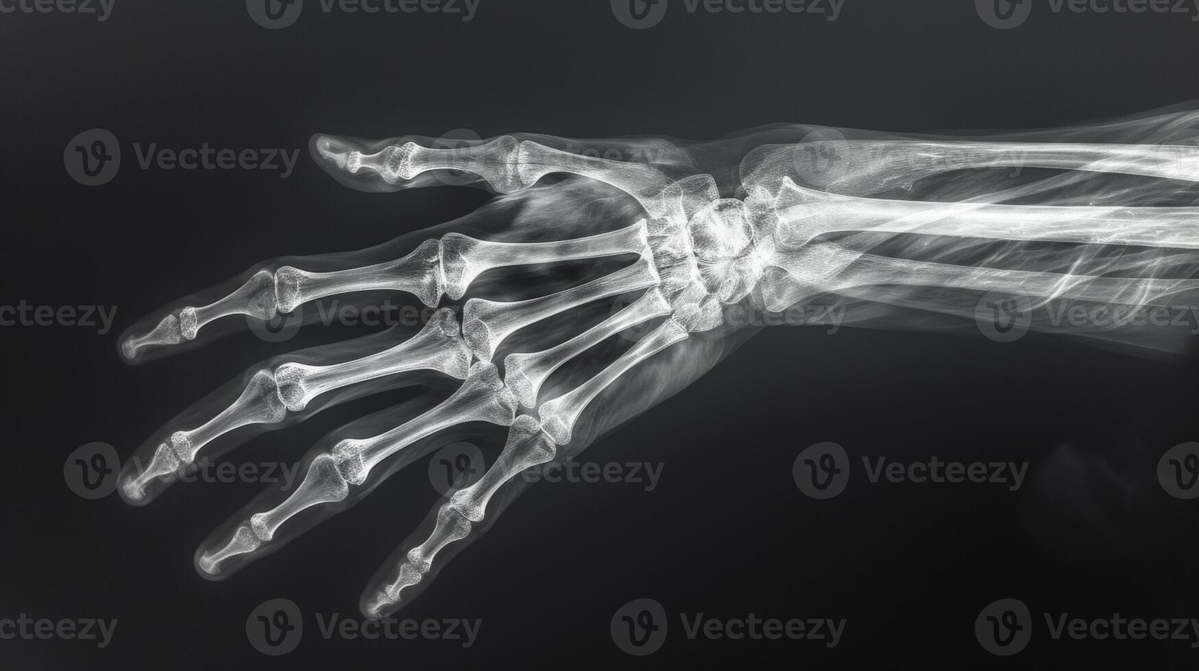 AI generated Detailed X-Ray of Hand Skeleton with fine intricacies of the phalanges, metacarpals, and carpal bones. photo