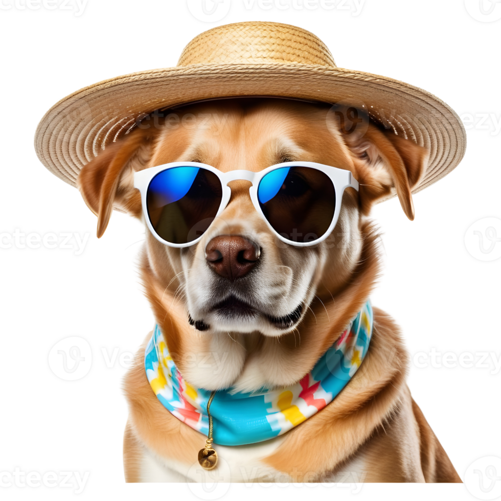 AI generated Dog wearing cool glasses and straw hat in summer clothes png