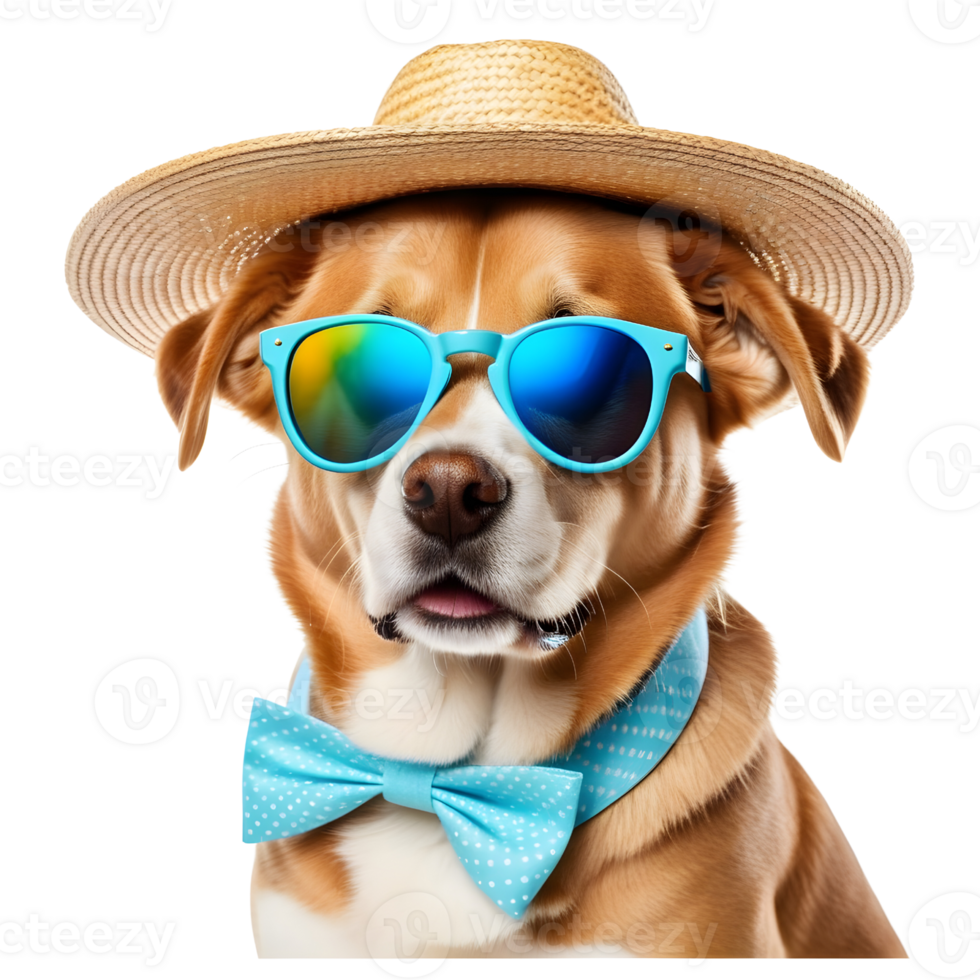 AI generated Dog wearing cool glasses and straw hat in summer clothes png
