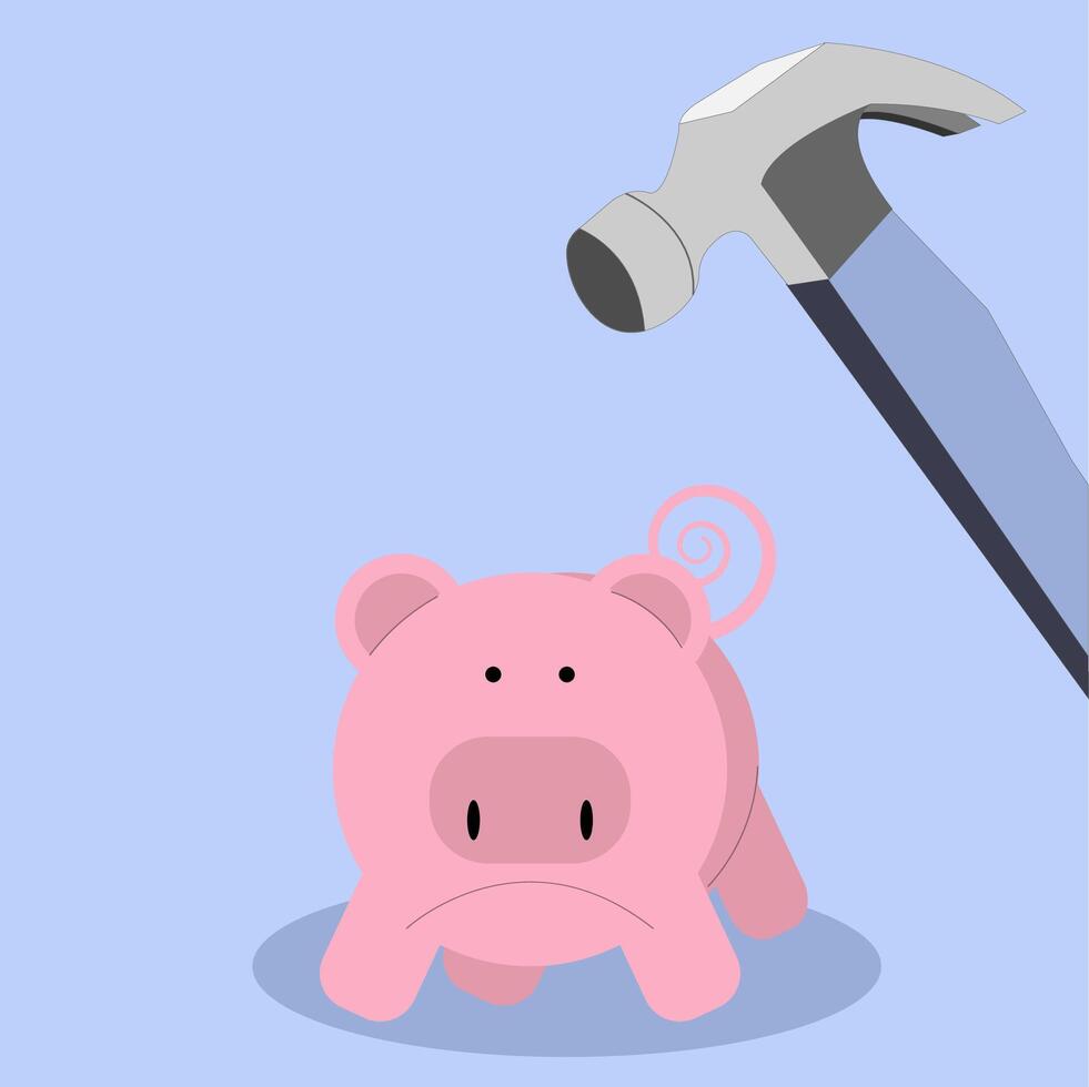 Hammer breaking into Piggy Bank, Dip into or take Savings concept vector