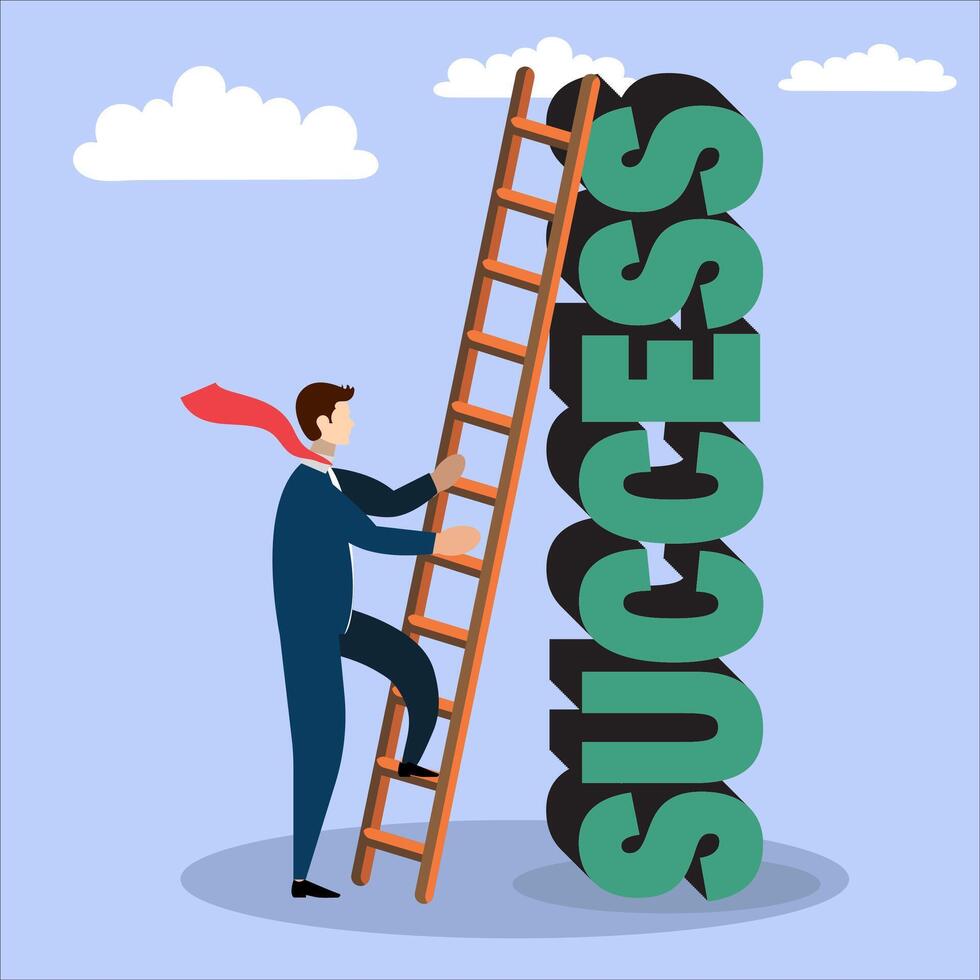 Climb the Ladder of Success, Business achievement or development concept. Business man climbing ladder of success to reach higher things vector