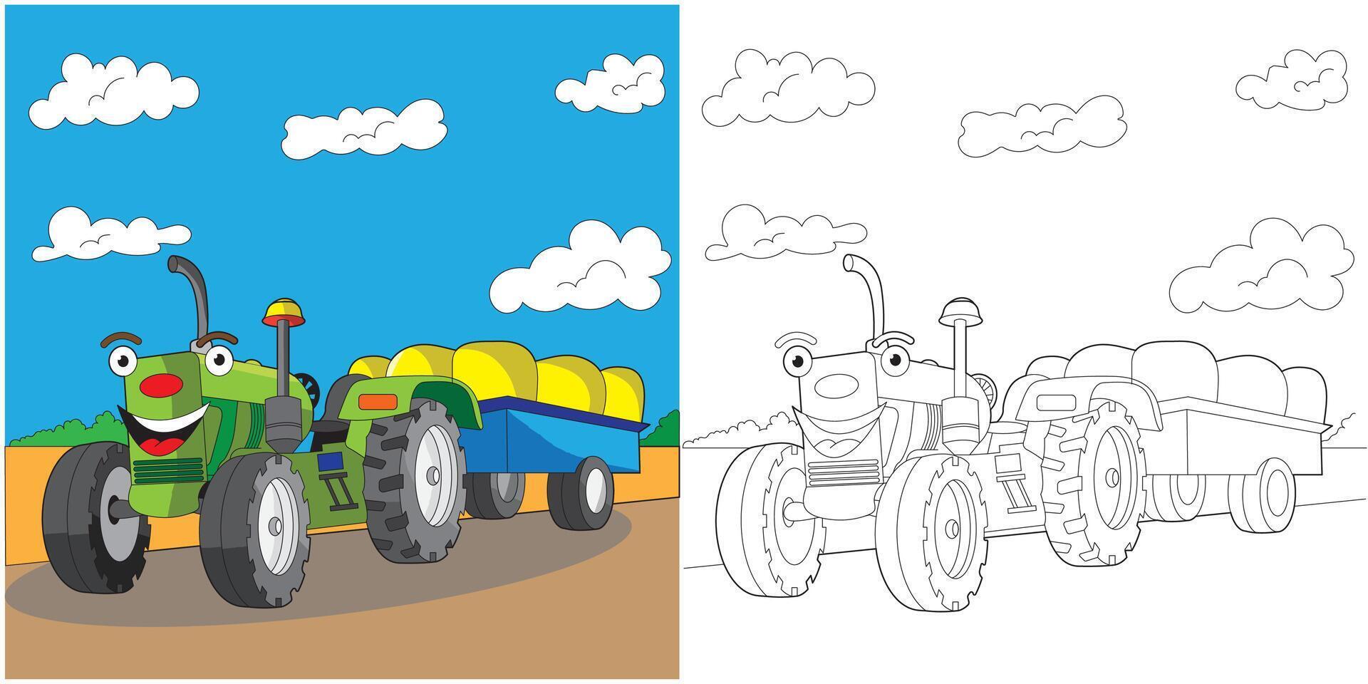 Cute smiling Tractor coloring page for kids vector