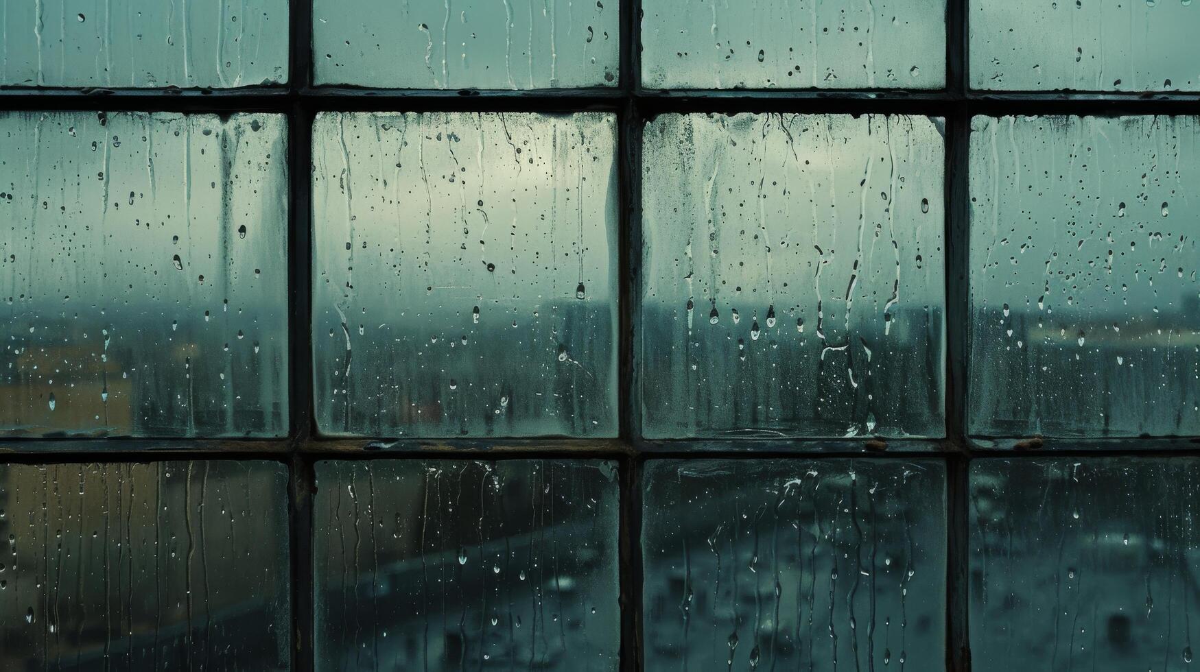 AI generated rainy day view from a window with rain drop blurred city in the background gray sky photo