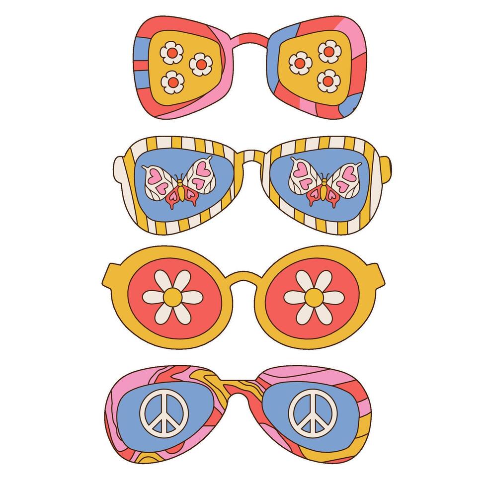 maravilloso Gafas de sol conjunto en retro 70s hippie estilo . geométrico resumen gafas en diferente formas con margarita flores, mariposa y paz firmar para impresión. lineal mano dibujado vector ilustración.