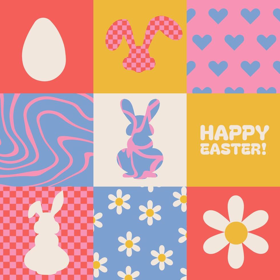 Square Poster or card for Happy Easter. Groovy egg , bunny silhouettes in retro cartoon style of 60s 70s on different backgrounds. Simple Flat vector illustration.