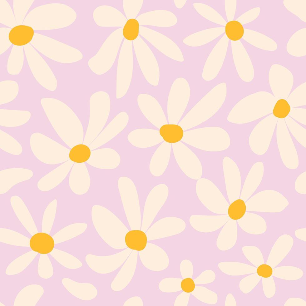 Pink groovy seamless pattern with distorted abstract daisy flowers. Fashionable background in 00s, 90s, y2k style. Flat vector illustration