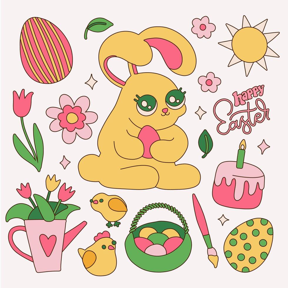 linda Pascua de Resurrección mano dibujado garabatear elementos conjunto aislado en blanco. haz con conejo, pollitos, primavera flores, huevo, pastel, sol, cesta. vector plano lineal ilustración