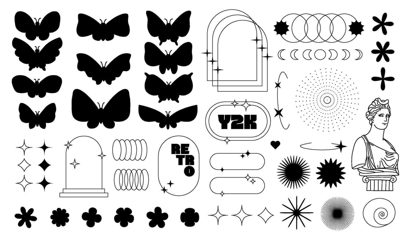 Modern minimalist aesthetic line elements set with trendy linear frames with stars, arch frames, geometric forms and butterfly silhouettes. Decorative collection of vector frames in boho style.