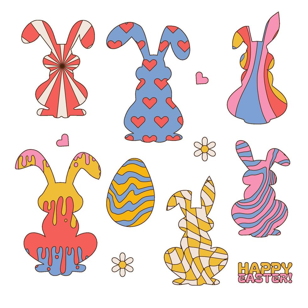 Groovy hippie Happy Easter Set of Easter bunnies silhouettes with patterns in trendy retro 60s 70s cartoon style. Linear hand drawn vector illustration.