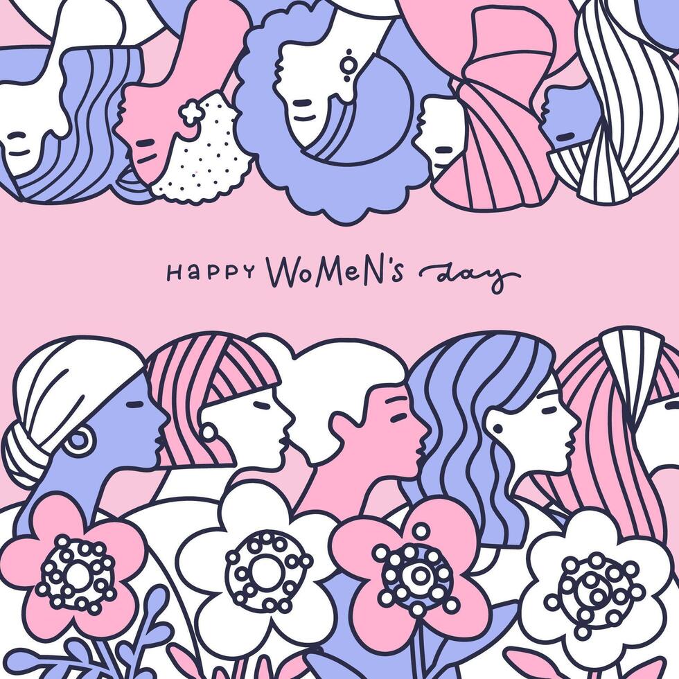 International Women's Day greeting card with abstract different female profile portraits in linear doodle style. Women empowerment concept. Vector hand drawn illustration with lettering greeting text.