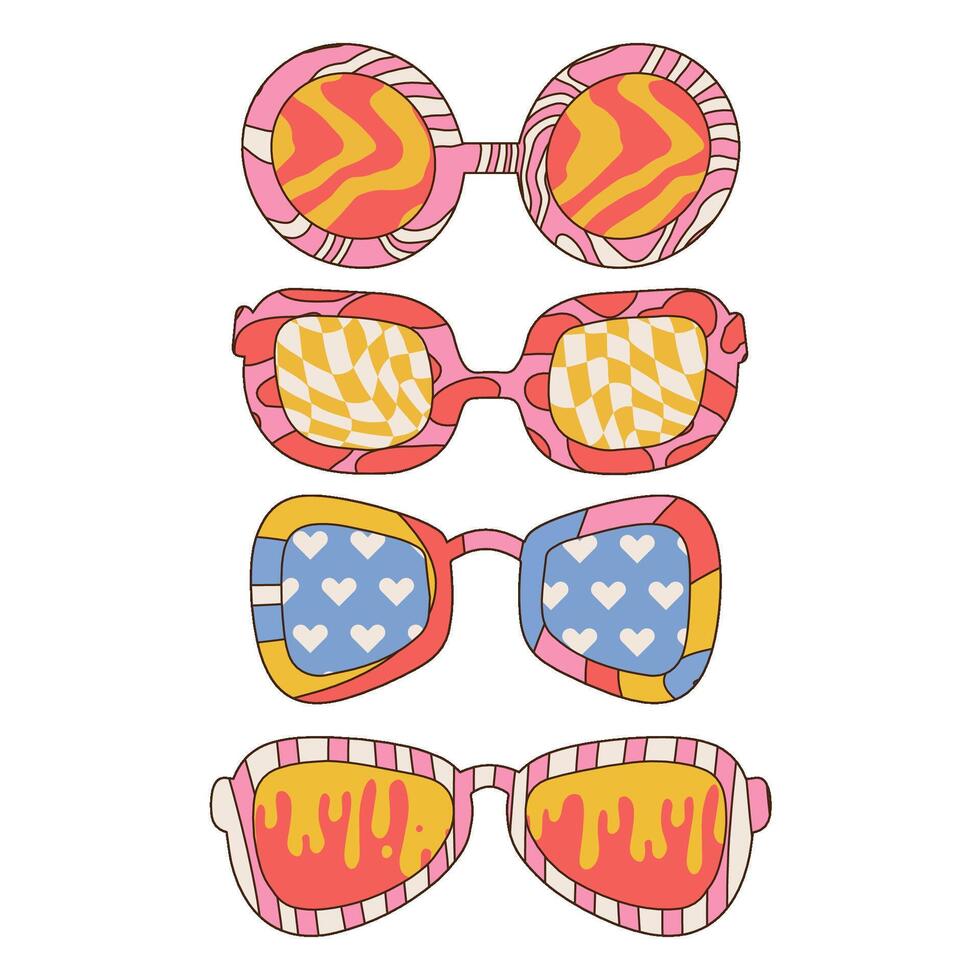 Groovy trippy psychedelic sunglasses set in trendy retro 1970s style with funny geometric patterns. Linear hand drawn vector illustration.