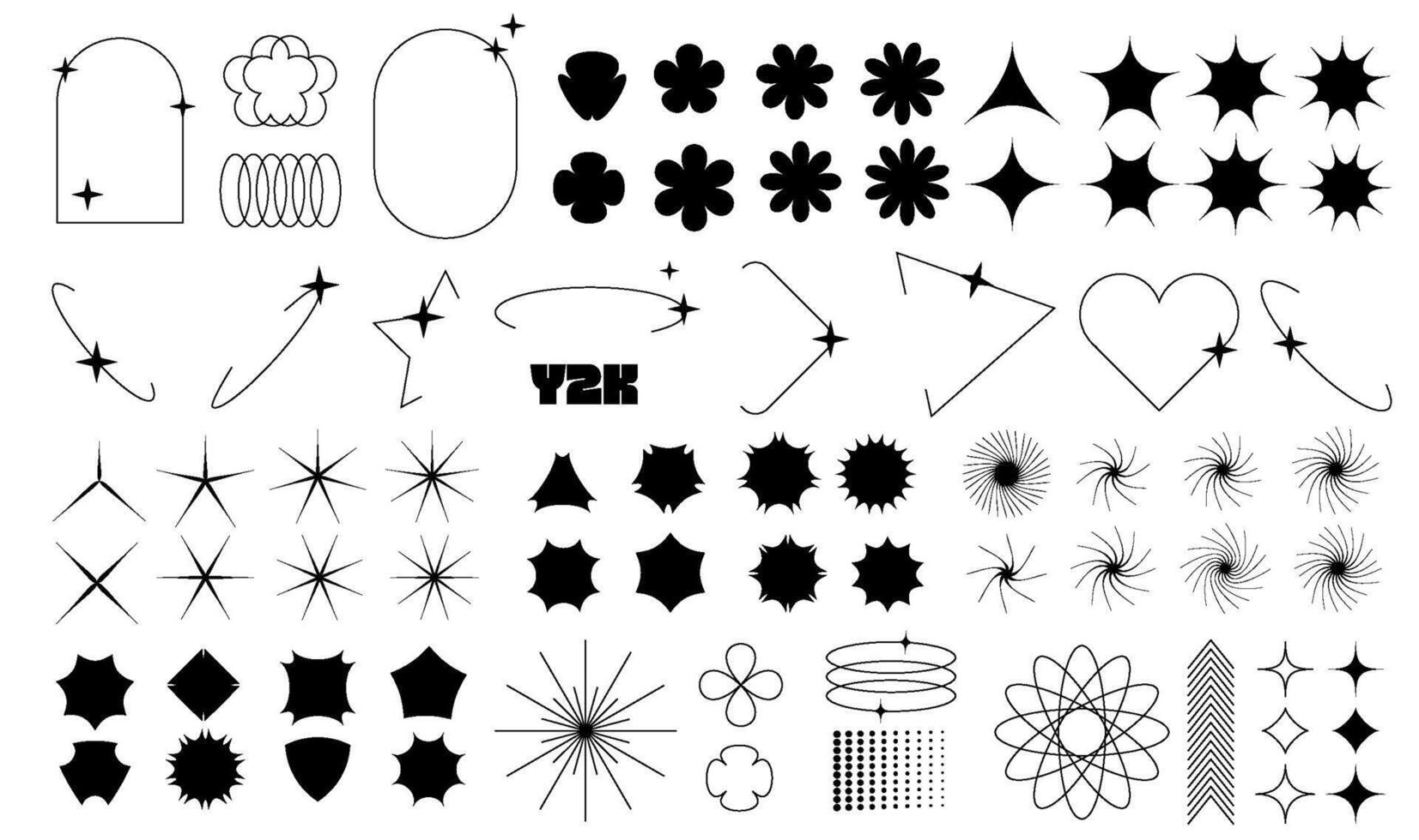 y2k estético forma moderno sencillo gráfico de destellos y flores colocar. retro geométrico forma con estrella, circulo formar y marco. resumen y2k forma. mínimo estético diseño. de moda vector ilustración.