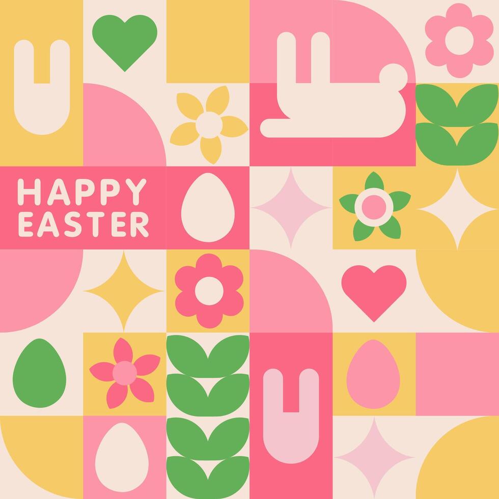 Easter geometric square pastel banner with bunny, eggs, plants, flowers, hearts for invitation, card, wall art, background. Simple flat vector illustration.