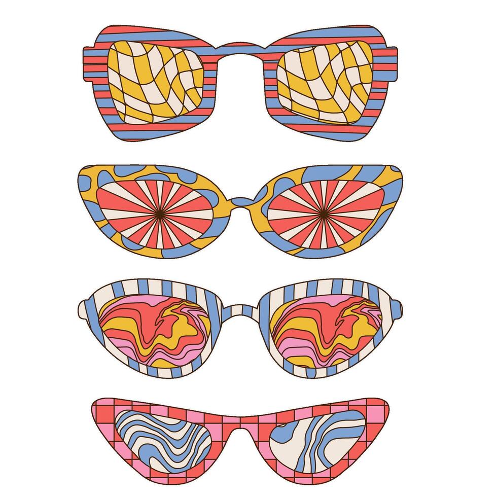 Groovy trippy psychedelic sunglasses collection. Retro 60s 70s graphic elements of glasses with abstract waves and rays. Hippie boho style stickers. Linear hand drawn vector illustration.