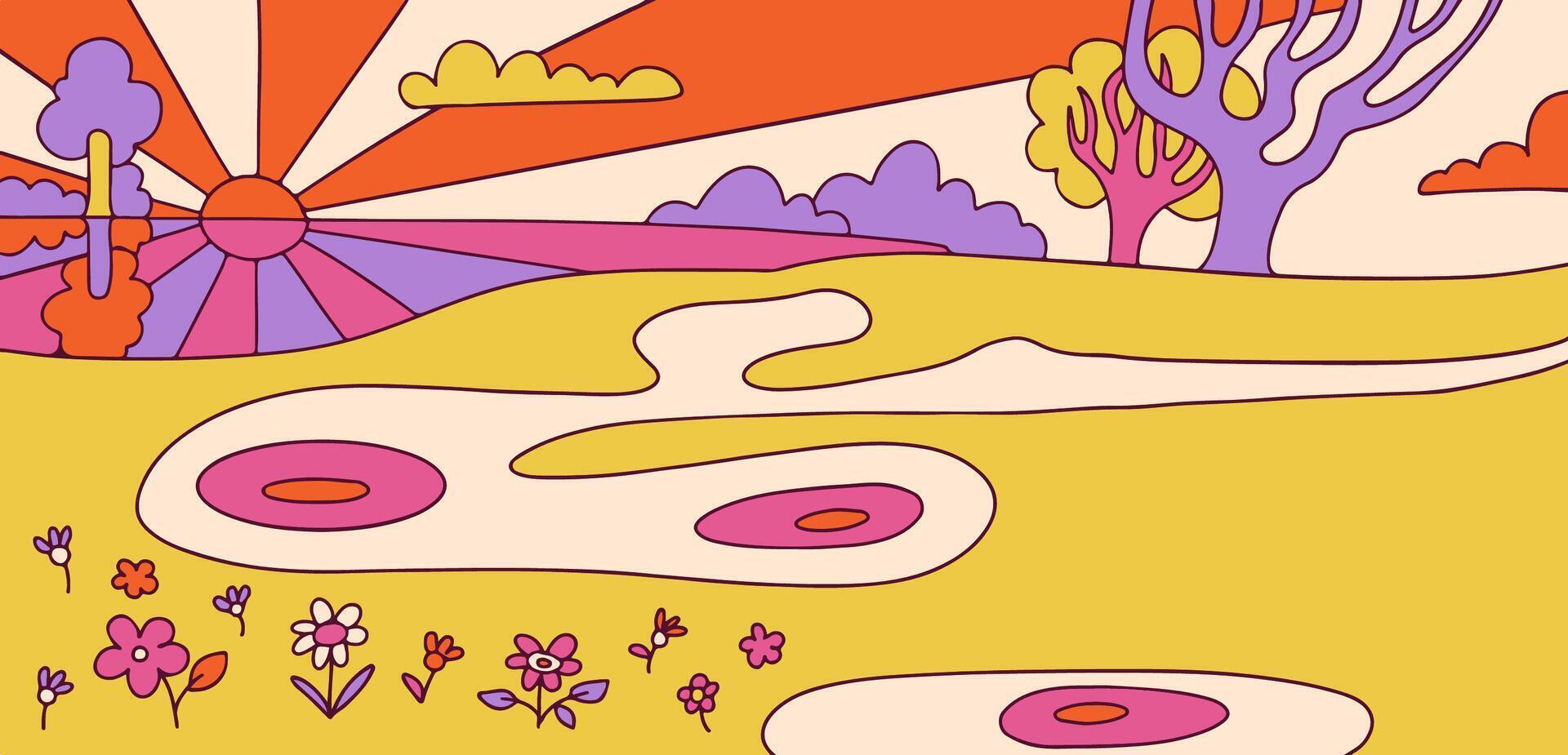 Retro psychedelic groovy landscape with sun, lake, flowers. Vintage hippie background with psychedelic lines. Contour hand drawn vector illustration.