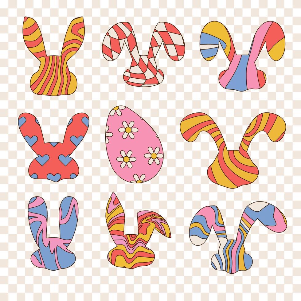 maravilloso hippie contento Pascua de Resurrección elementos colocar. colección de cabezas de Pascua de Resurrección conejitos con orejas en de moda retro 60s 70s dibujos animados estilo. lineal mano dibujado vector ilustración.