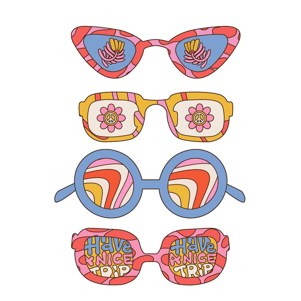 maravilloso Gafas de sol colocar. colección de hippie Gafas de sol en de moda 70s maravilloso estilo. lineal mano dibujado vector ilustración.