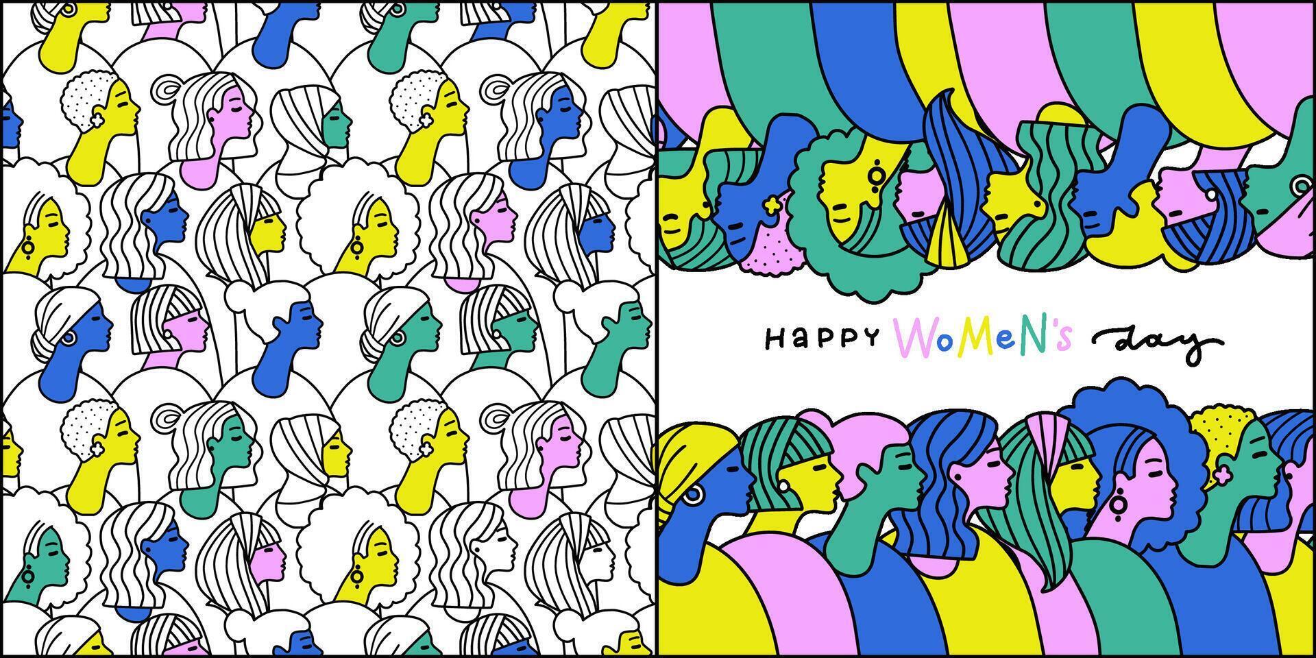 Line art of Women's day art - greeting card and pattern set. Isolated women head profiles doodles. Empowerment And women solidarity concept. vector
