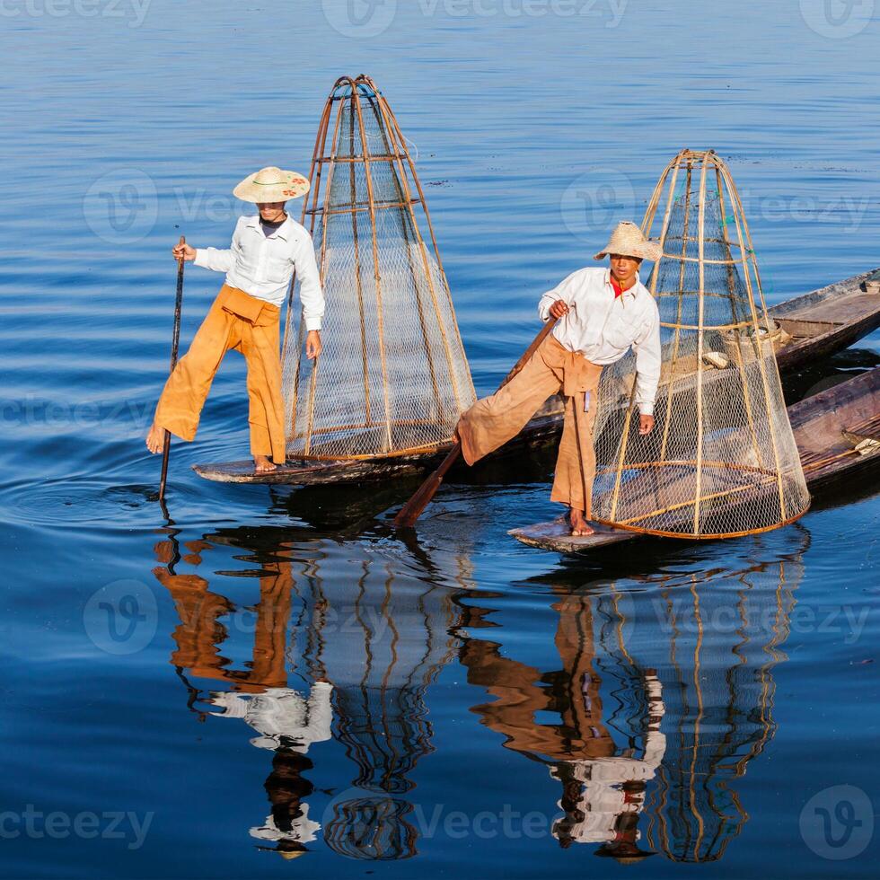 Traditional Burmese fisherman at Inle lake Myanmar photo