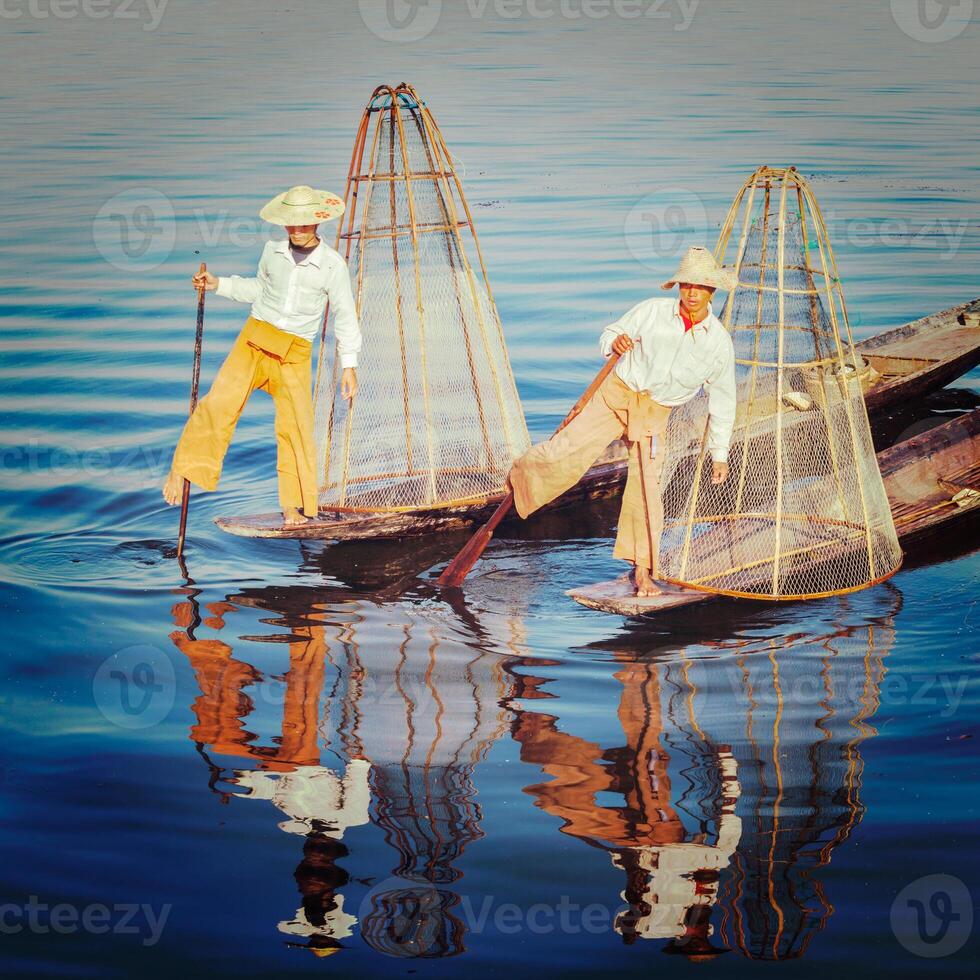 Traditional Burmese fisherman at Inle lake Myanmar photo