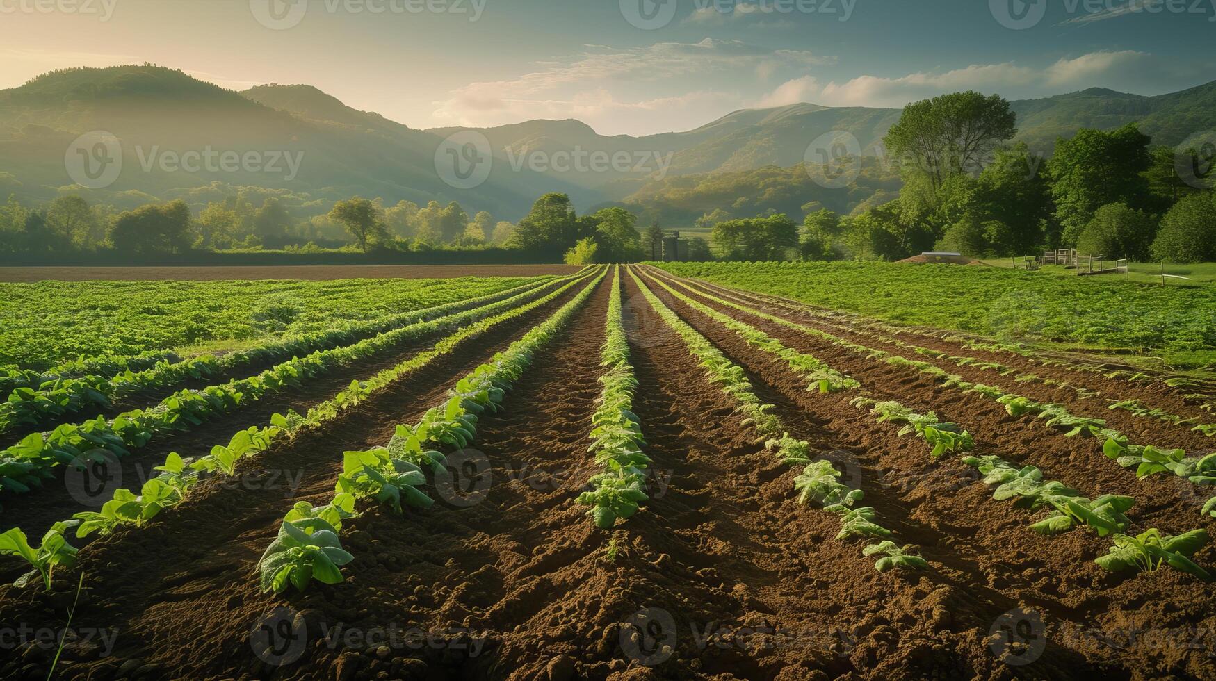 AI generated eco friendly farm with rows of organic crops  beautiful mountains under a clear sky. photo
