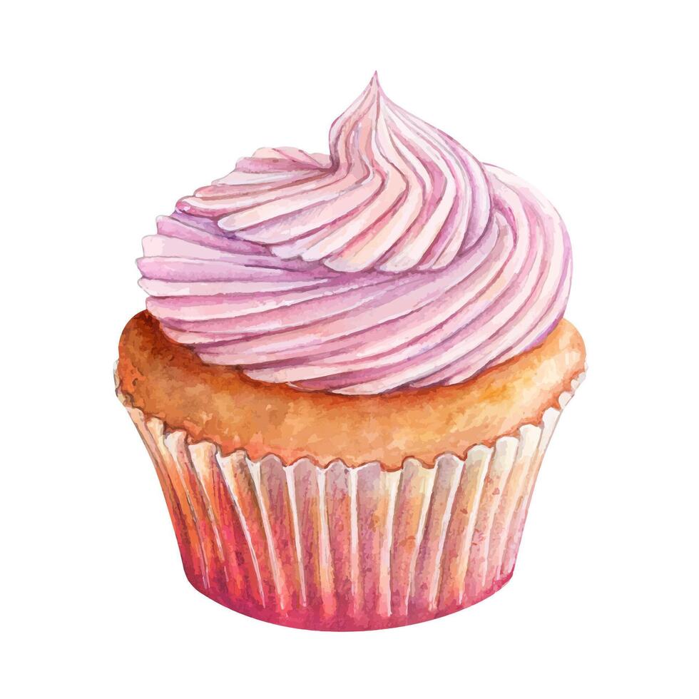 Cupcake muffin cream watercolor drawing in nice paper. Cake bakery tasty dessert illustration. Birthday celebration pastry aquarelle picture isolated on white background vector
