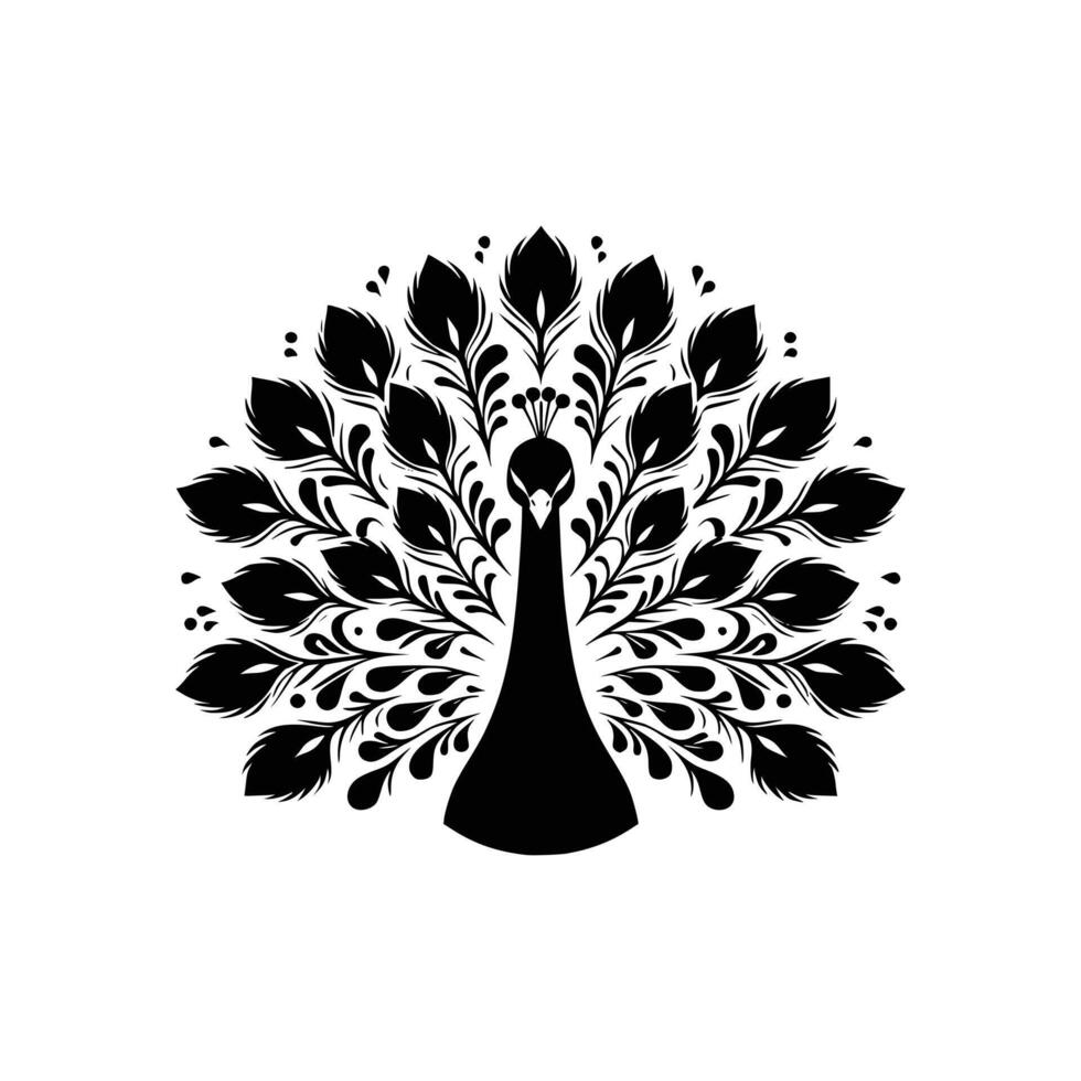 Hand Drawn Peacock Silhouette Isolated On White Background. Vector Illustration In Flat Style.