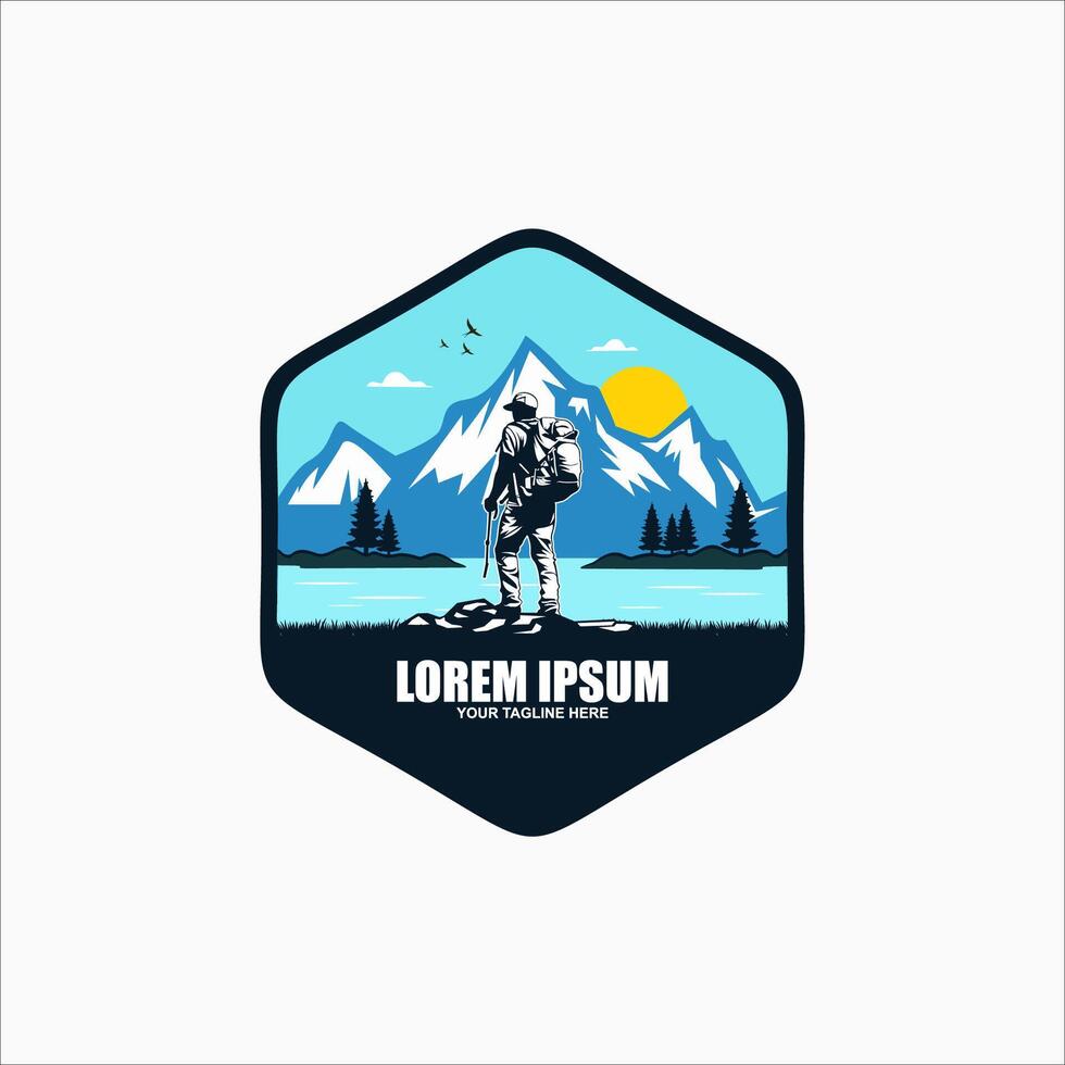 Tourist climbs the mountain symbol, travel and expedition logo, Hiking Logo Template vector