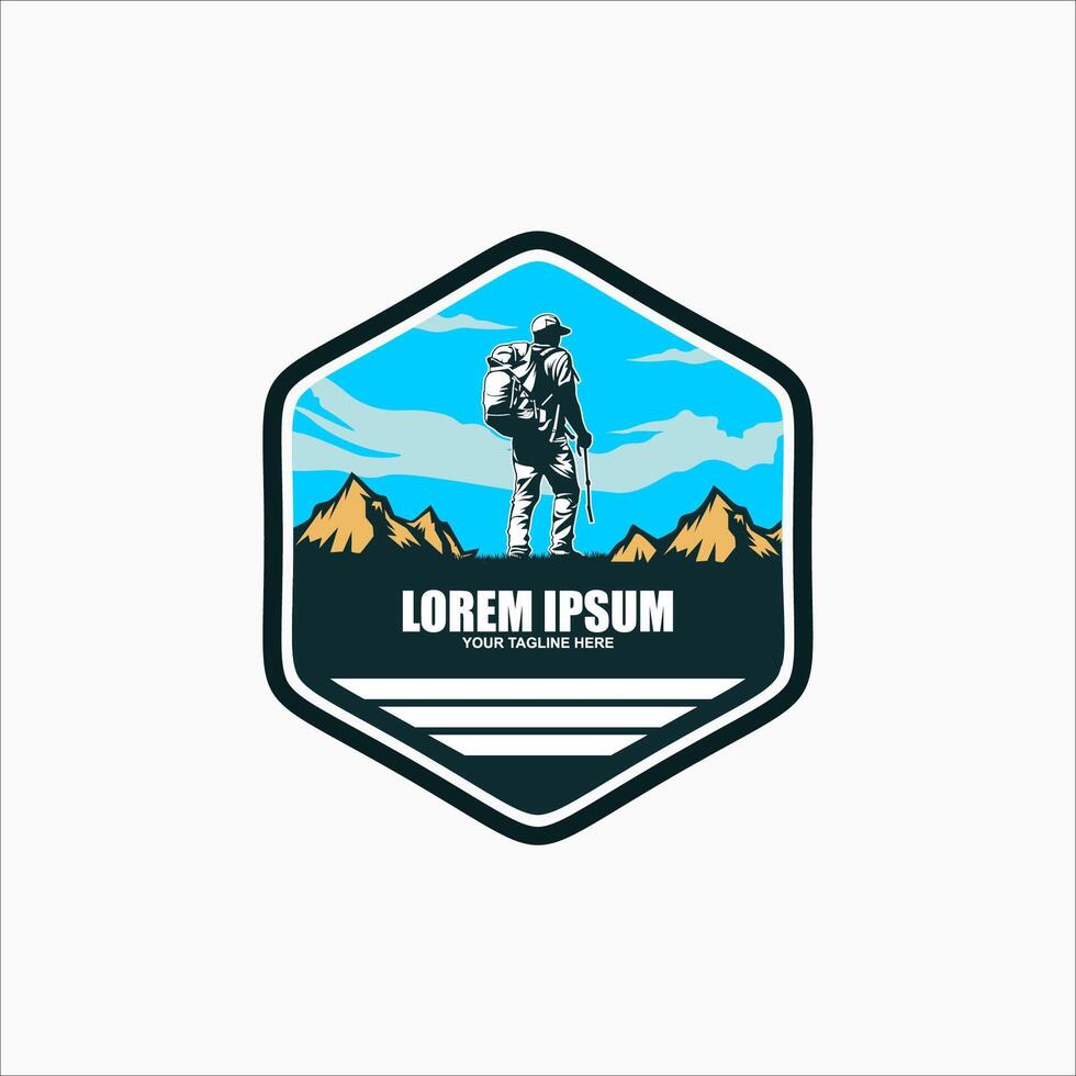 tourist climbs the mountain symbol, travel and expedition logo template vector