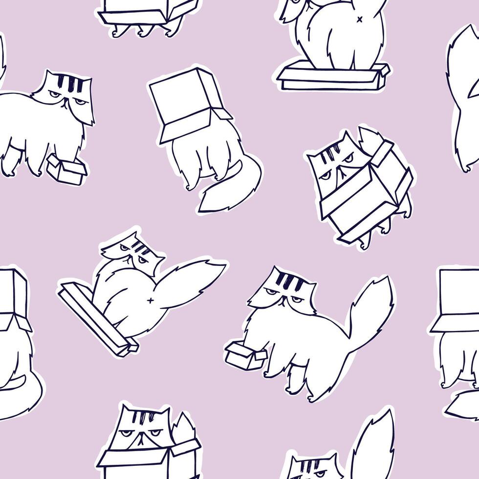 Funny seamless pattern with grumpy and melancholic cat playing with carton box on pink background. Cute hand drawn cartoon character. Vector illustration for backdrop, wrapping paper, fabric print.