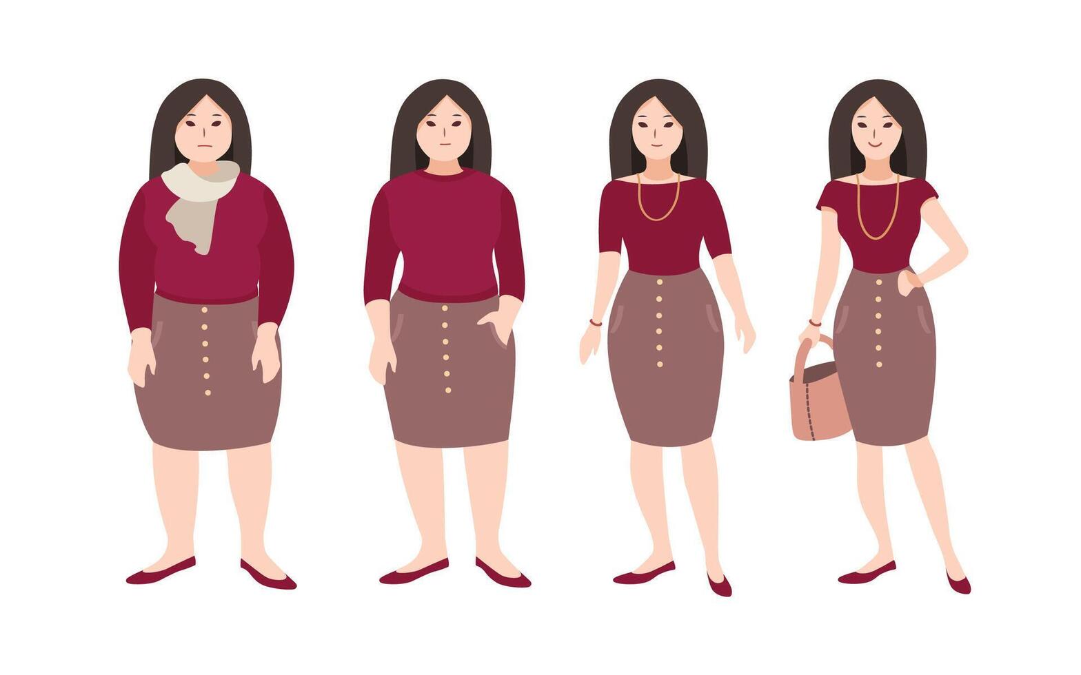 Progressive steps of young female cartoon character's body changing. Concept of weight loss through fitness workouts and proper nutrition. Vector illustration.