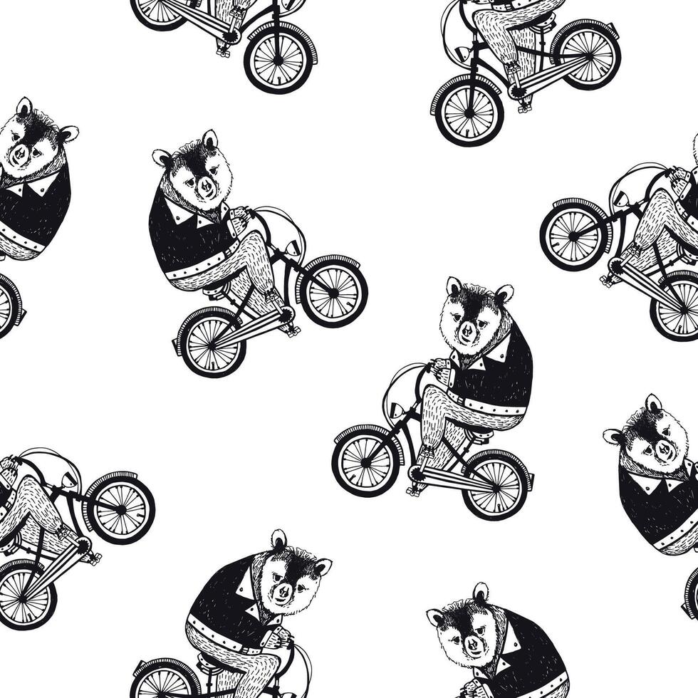 gracioso sin costura modelo con linda dibujos animados marrón oso vestido en oscuro camisa montando bicicleta en blanco antecedentes. mano dibujado vector ilustración en retro estilo para fondo de pantalla, tela imprimir, envase papel.
