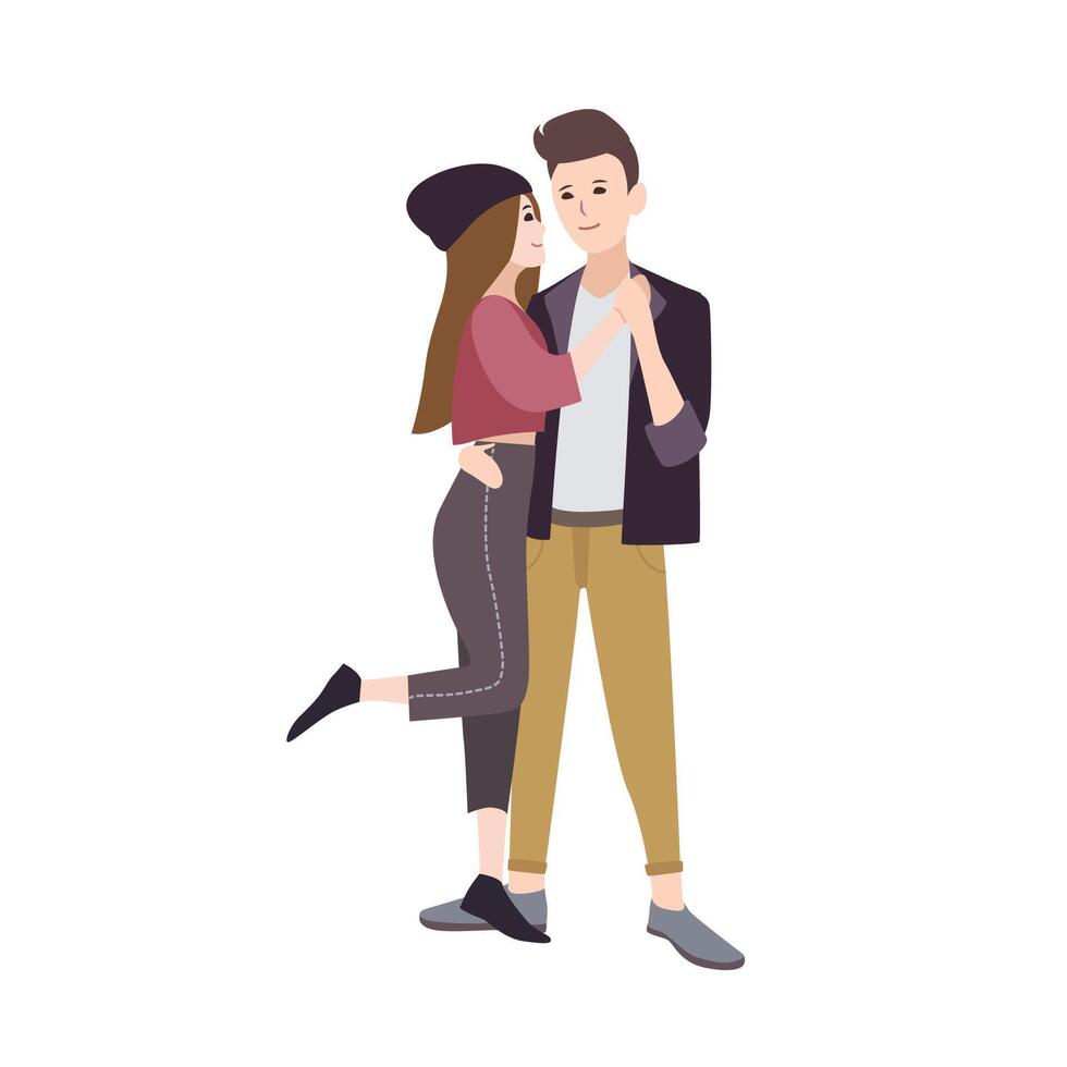 Stylish young couple. Cartoon man and woman dressed in hipster clothing holding each other's hands and hugging. Concept of youth, style and love. Flat vector illustration.